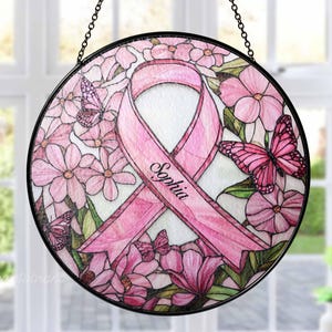 Breast Cancer Awareness Suncatcher, Pink Ribbon Stained Glass Art Gift, Gift For Breast Cancer Survivors, Breast Cancer Awareness Ornament