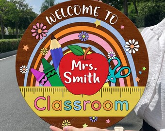 Teacher Welcome Door Sign, Meaningful Gifts for Teacher,  Classroom Door Hanger, Personalized Teacher Name Sign, Rainbow Teacher Door Sign
