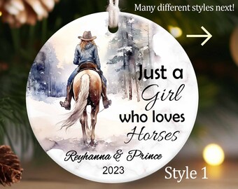 Horse Ornament Personalized, Girl Horse Christmas Ornament Gift, Riding a Horse Rider Christmas Ornament, Custom Names Horse Lover Gift