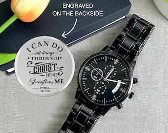 Religious Watch for Men, Christian Gift Engraved Watch with Bible Verse Gift for Son, Nephew or Brother, I Can Do All Things Watch