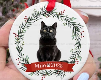 Personalized Black Cat Christmas Ornament, Custom Black Cat Ornament, Cat Lover Gift, Pet Memorial Ornament, Cat Keepsake New Cat Gift