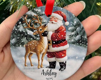 Personalized Kids Christmas Ornament, Name Christmas Gift For Boy Girl 2025, Santa and Reindeer Christmas Ornament With Child's Name