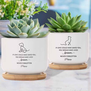 May include: Two white ceramic succulent planters with bamboo bases. The planters feature a black silhouette of a cat and a dog with the text "If love could have saved you, you would have lived forever. Never forgotten. Poppy."