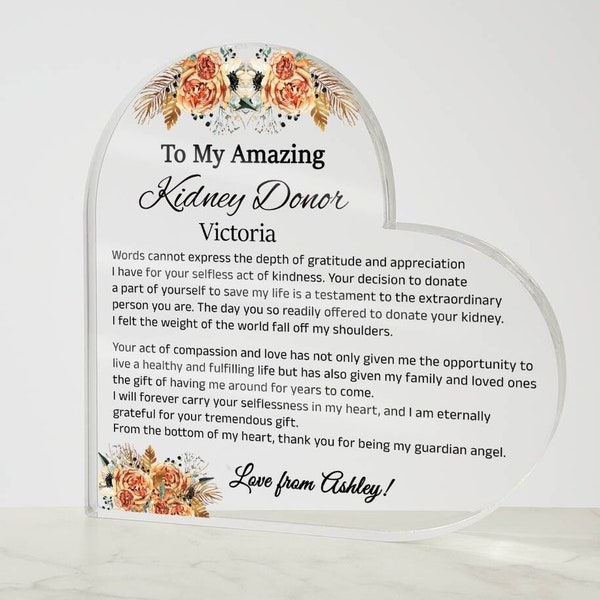 Kidney Donor Plaque Gift, Custom Kidney Transplant Acrylic Plaque, Kidneyversary Gift, Kidney Donor Gift, Thank You Gift for Organ Donation