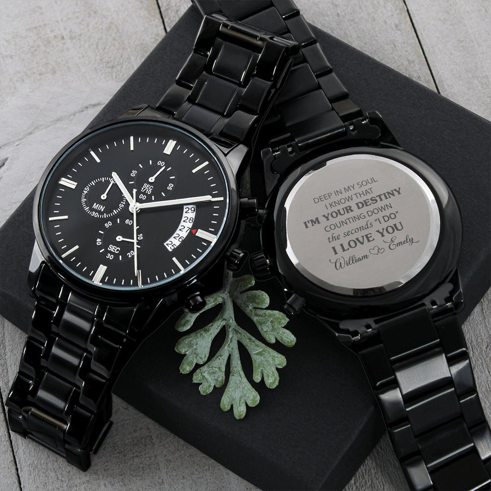  The Wedding Party Store Caja de reloj grabada para hombre,  regalos personalizados para él, regalo personalizado para marido y novio  (negro) : Ropa, Zapatos y Joyería
