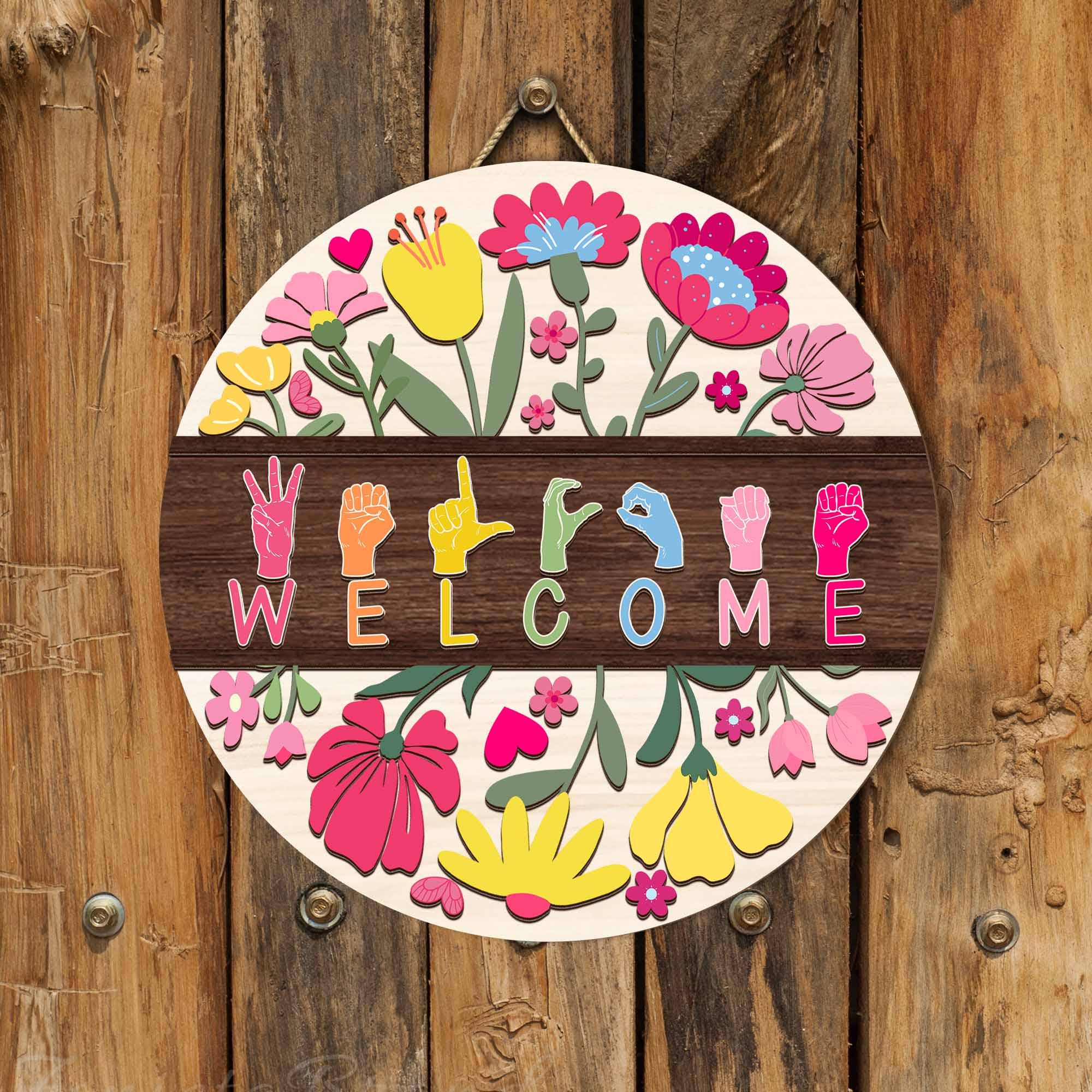 Sign Language Welcome Sign, ASL Welcome Sign With Flowers, Welcome Door ...