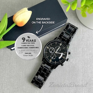 9 Year Anniversary Gift for Husband, 9th Anniversary Gift for Him, Personalized Engraved Watch, Anniversary Watch for Husband from Wife