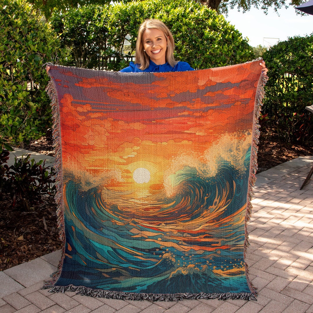 Colorful Waves Woven Blanket, Special Aesthetic Interior Gift, Sunset