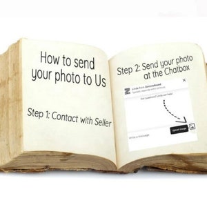 May include: An open book with instructions on how to send a photo to a seller. The instructions are: Step 1: Contact with Seller. Step 2: Send your photo at the Chatbox. The image shows a chatbox with a button that says "Upload Image".