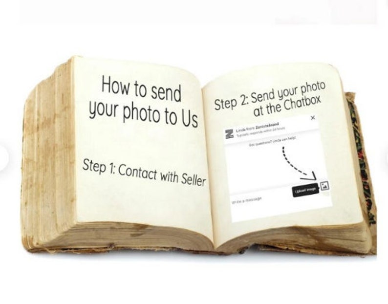 May include: An open book with instructions on how to send a photo to a seller. The instructions are: Step 1: Contact with Seller. Step 2: Send your photo at the Chatbox. The image shows a chatbox with a button that says "Upload Image".