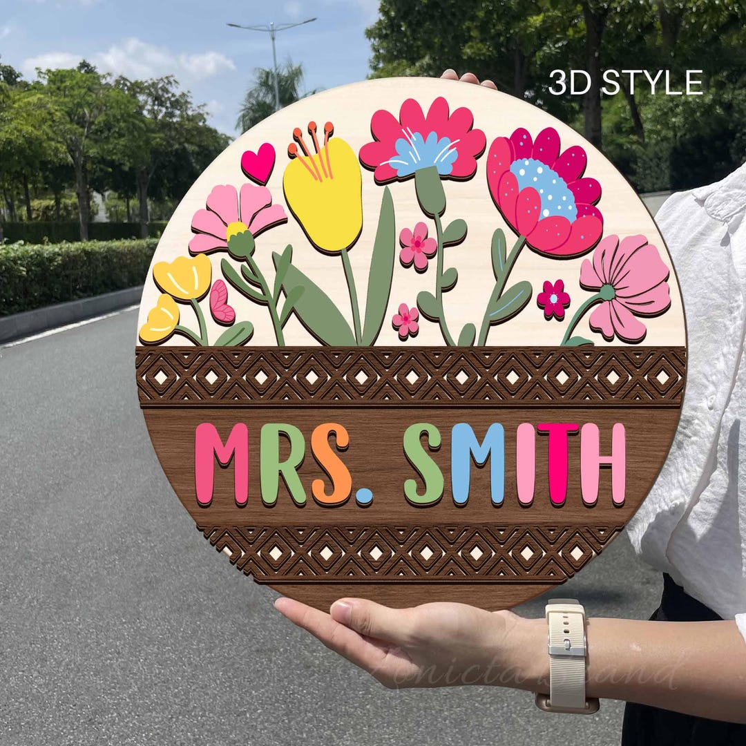 Personalized Teacher 3D Door Hanger, Boho Flower Classroom Sign for ...