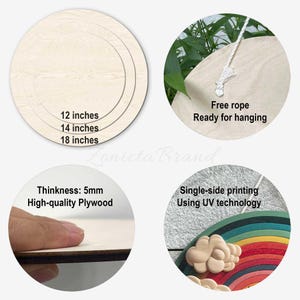 May include: Wooden round wall art in three sizes: 12, 14, and 18 inches. Features include single-side printing using UV technology, a thickness of 5mm, and high-quality plywood. Includes a free rope for hanging.