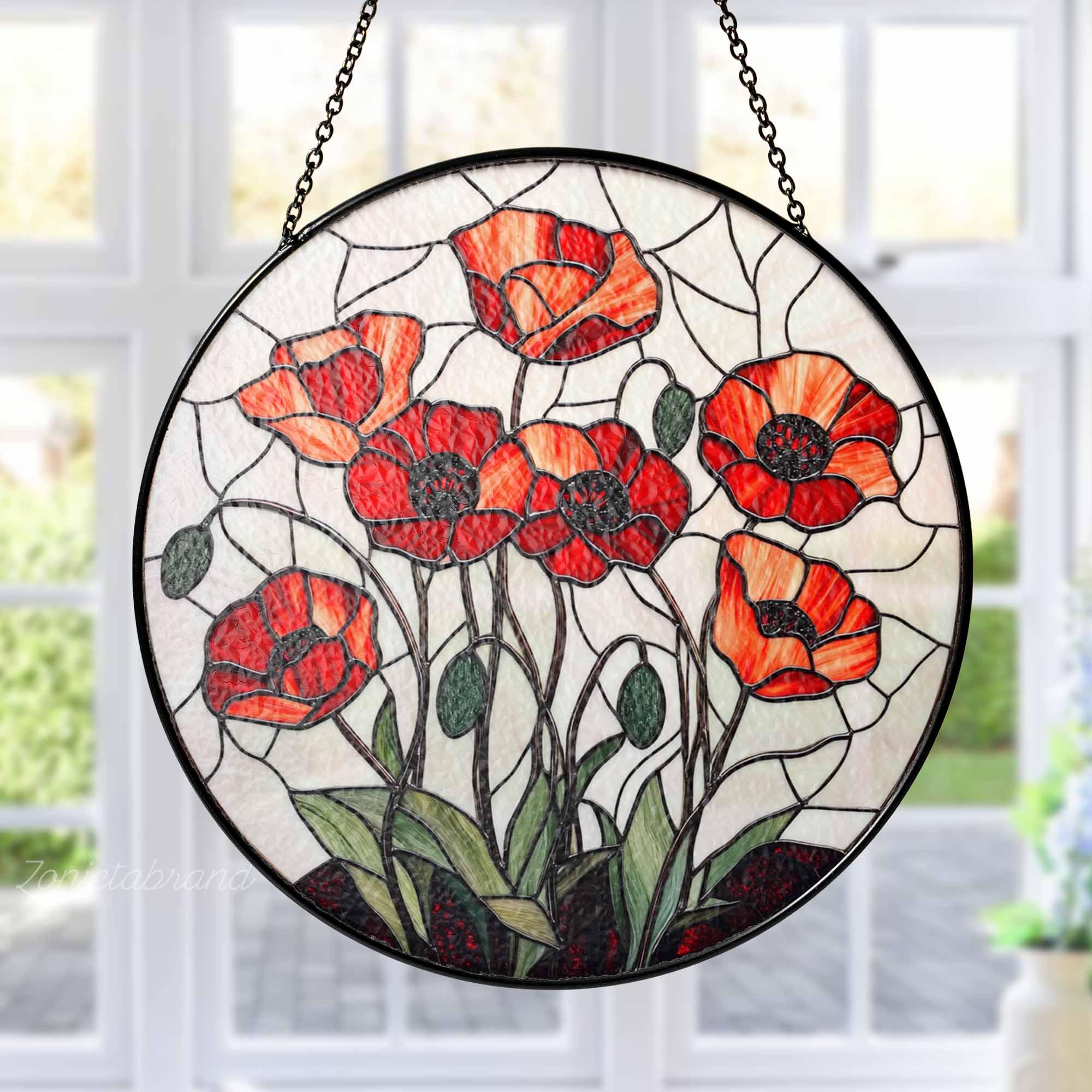 Stained Glass Poppy Flower Suncatcher, Poppy Flower Window Hanging Decor, Red Floral Home Decor, Poppy Flower Lovers Gift, Nature Lover Gift