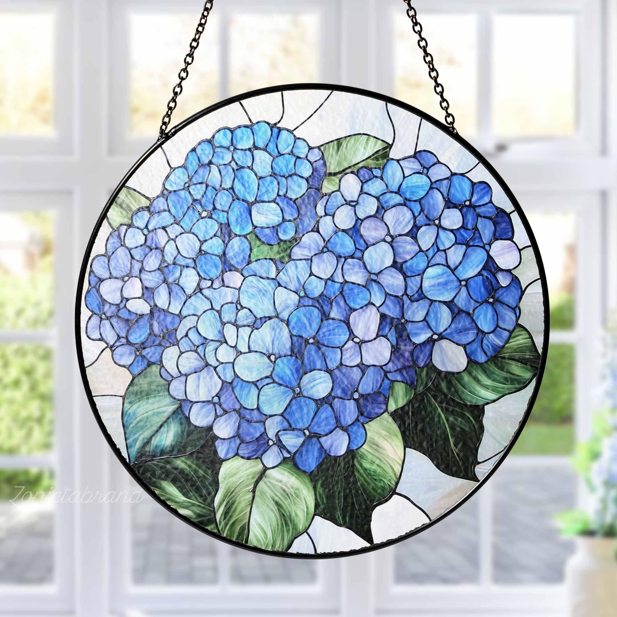 Zollanvari 花柄グラデーション　198×143ｃｍ（カシュクリ） Blue Hydrangea Stained Glass Suncatcher Window Hanging, Garden