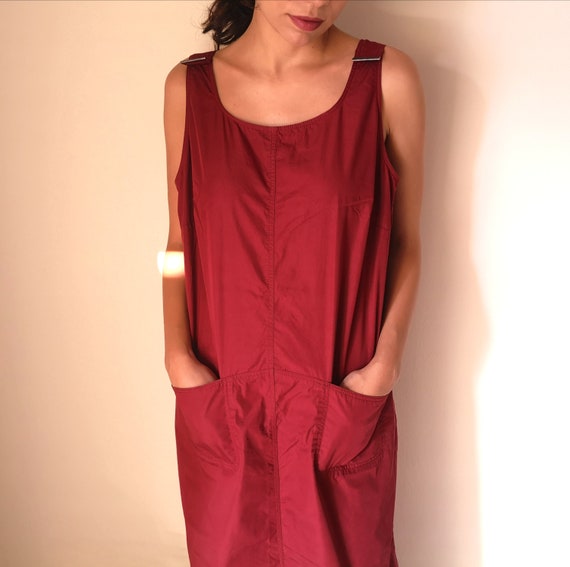 90s red overall dress/ maxi tank dress - sleevele