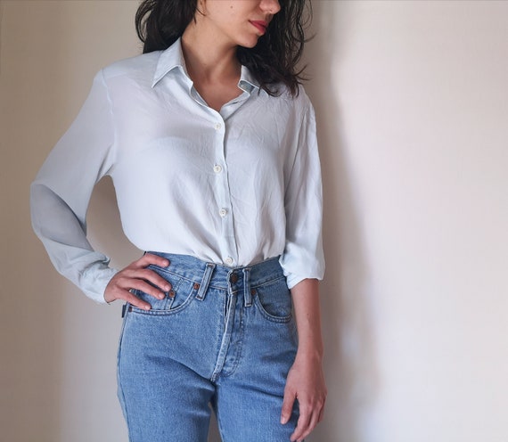 Pale Blue Silk Blouse // Vintage Long 