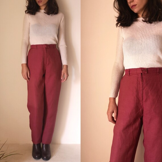 Wine Linen Pants | Vintage Tapered Trousers | Flax