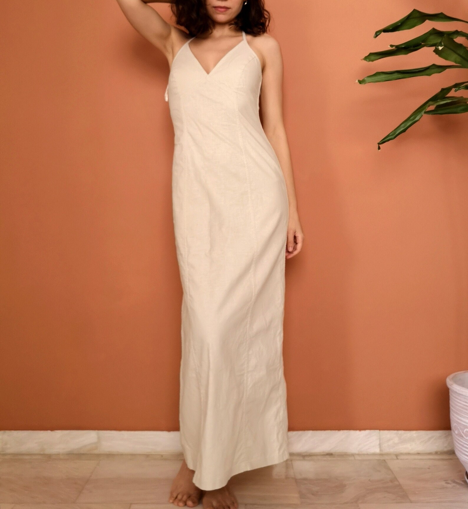 Beige chic linen cotton maxi halter dress / Vintage 90s open | Etsy