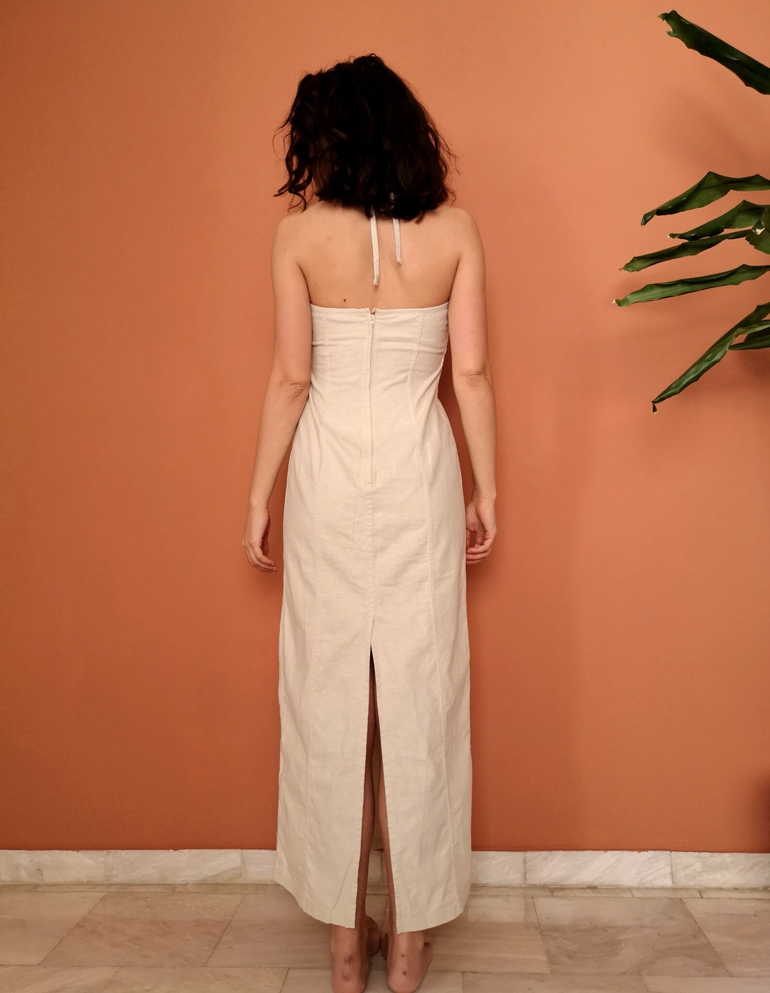 Beige chic linen cotton maxi halter dress / Vintage 90s open | Etsy