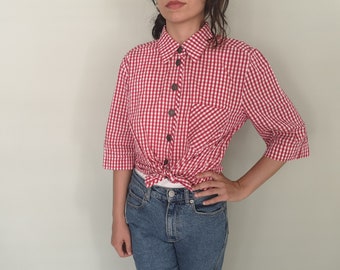 red gingham shirt