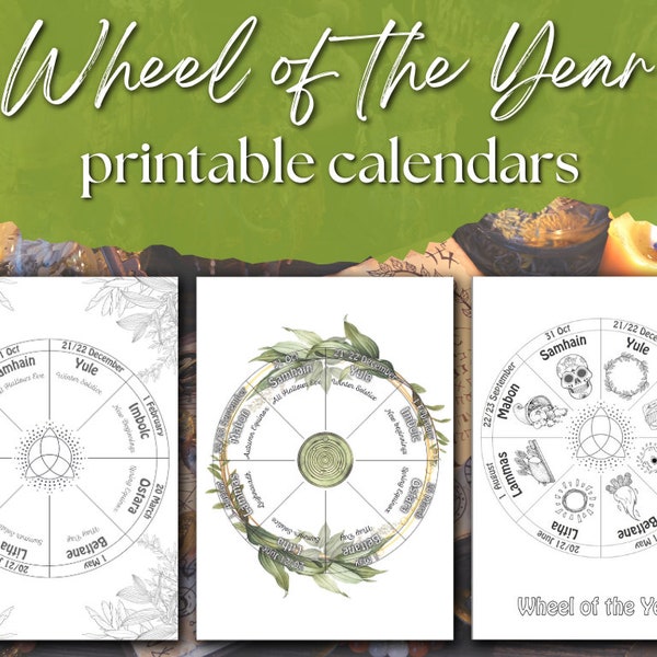 Wheel of the Year printable calendar 2024 2025 2026 - litha lammas mabon samhain yule imbolc ostara beltane Pagan Wiccan Sabbats festivals