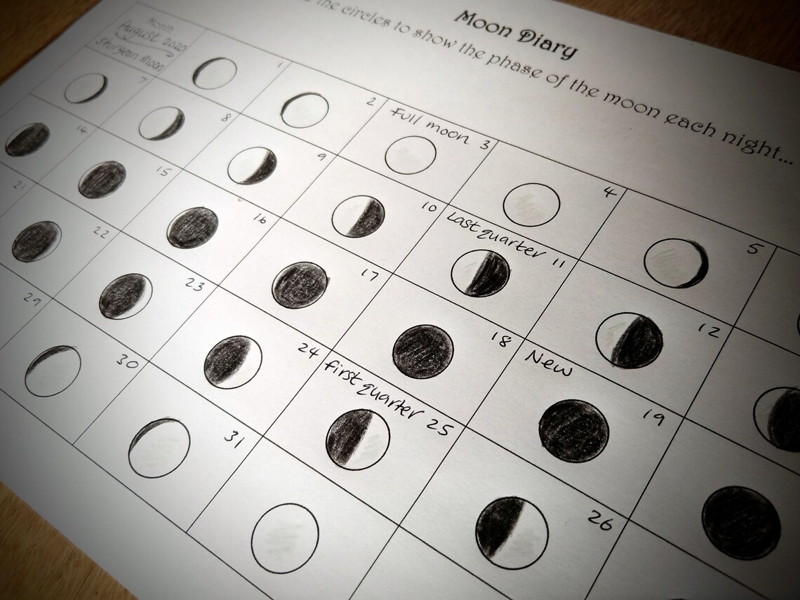 Moon tracking / lunar phases observation printable / calendar | Etsy
