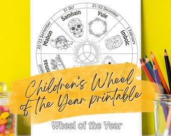 Children's Wheel Of The Year printable calendar for coloring in & learning the Pagan festivals - kids activity - history / religion resource