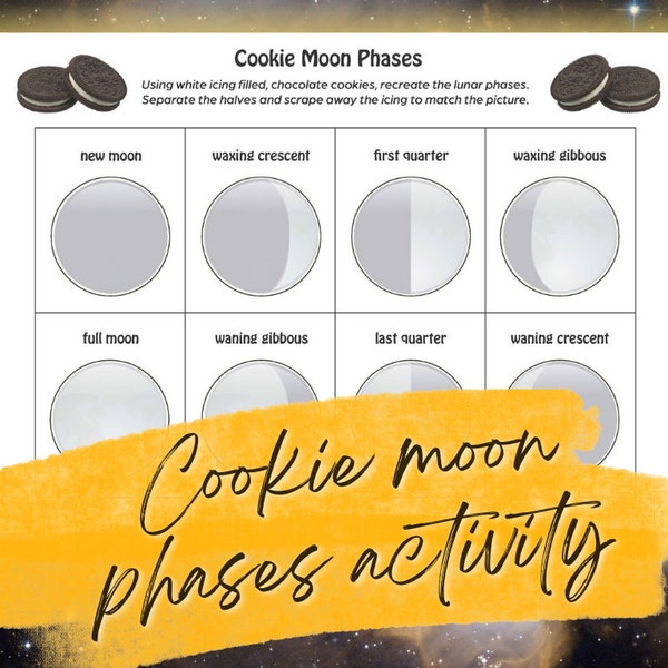 Oreo Cookie Moon Phases Sheet - printable fun educational activity page for lunar study / space topic - print at home digital download