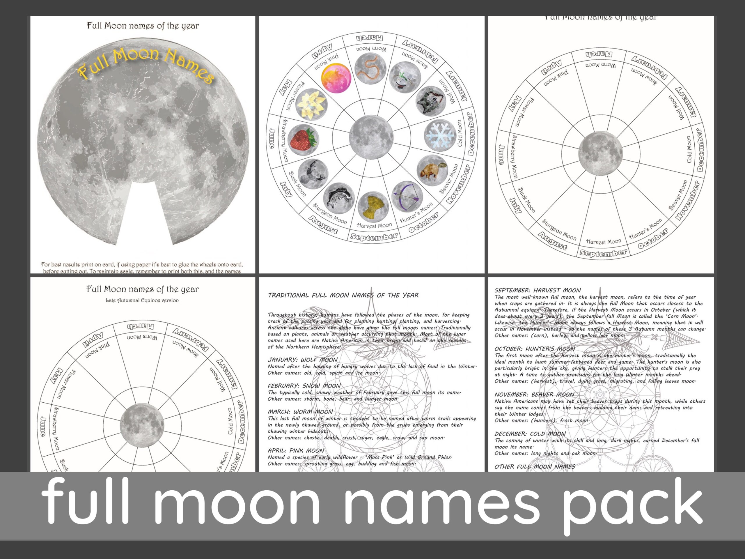 Full moon month names of the year lunar wheel craft activity etsy italia