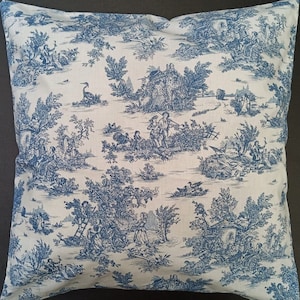 Fodera per cuscino fodera per cuscino cotone Oeko-Tex Toile de Jouy fatta a mano con cerniera vintage shabby country house blu 20x20 - 60 x 60 cm