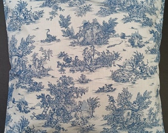 Kissenhülle Kissenbezug Kissen Baumwolle Oeko-Tex Toile de Jouy Handarbeit Reißverschluss Vintage Shabby Landhaus Blau 20x20 - 60x60 cm