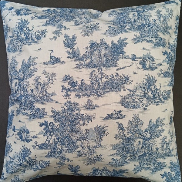 Cushion cover cushion cover cushion cotton Oeko-Tex Toile de Jouy handmade zip vintage shabby country house blue 20x20 - 60 x 60 cm