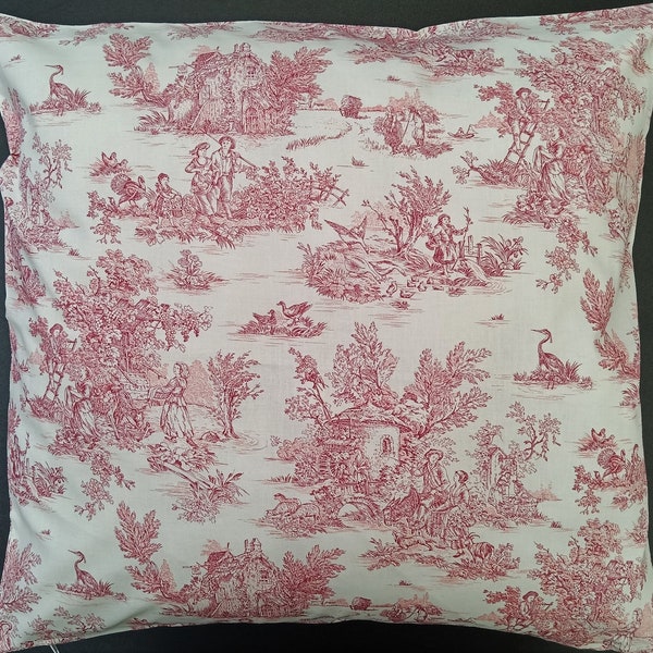 Housse de coussin housse de coussin coton Oeko-Tex Toile de Jouy fait main zip vintage shabby maison de campagne rouge 20x20 - 60 x 60 cm