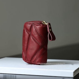 Quilted Cowhide Leather Key Wallet Organizer: Handmade Zipper Pouch with Brass Hooks GIFT for her