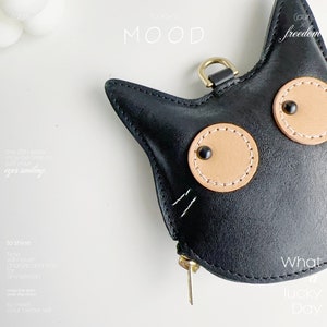 Monedero de piel auténtica con forma de gato: Monedero con adorable cara de maullido, minibolsito con cremallera para tarjetas, llaves y dinero, regalo para amantes de los gatos.