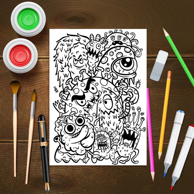 May include: A black and white colouring page featuring a variety of cartoon monsters with googly eyes and other whimsical features. The page is surrounded by art supplies, including paintbrushes, markers, pencils, and a rubber.