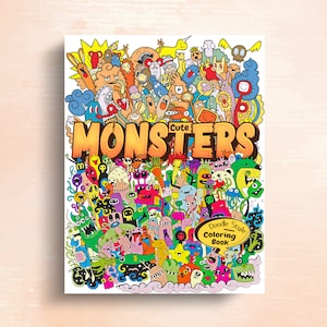 May include: A colourful doodle style colouring book cover featuring a variety of cute monsters. The cover features the text "Cute Monsters Doodle Style Colouring Book".