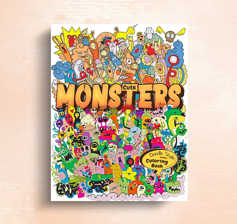May include: A colourful doodle style colouring book cover featuring a variety of cute monsters. The cover features the text "Cute Monsters Doodle Style Colouring Book".