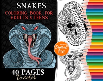 Snakes Coloring Book, Animals Coloring Pages, Printable Coloring Pages, Digital Coloring Book Animals, Reptiles Coloring Pages