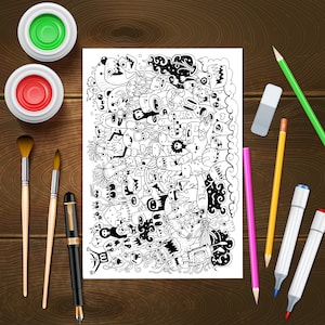 May include: A black and white doodle art print featuring a variety of whimsical characters and designs. The print is surrounded by art supplies, including paintbrushes, coloured pencils, markers, and a rubber.