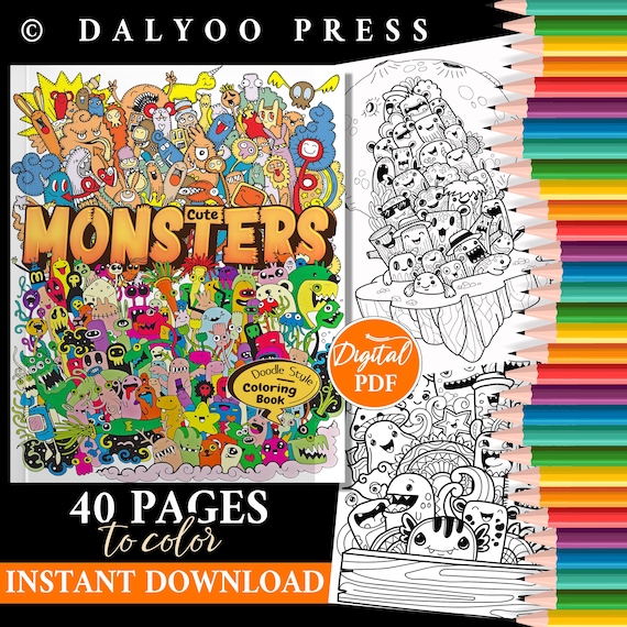 Monster Doodles Coloring Book, Digital Coloring Pages, Adult and Teen Coloring Pages, Cute Doodle Pages