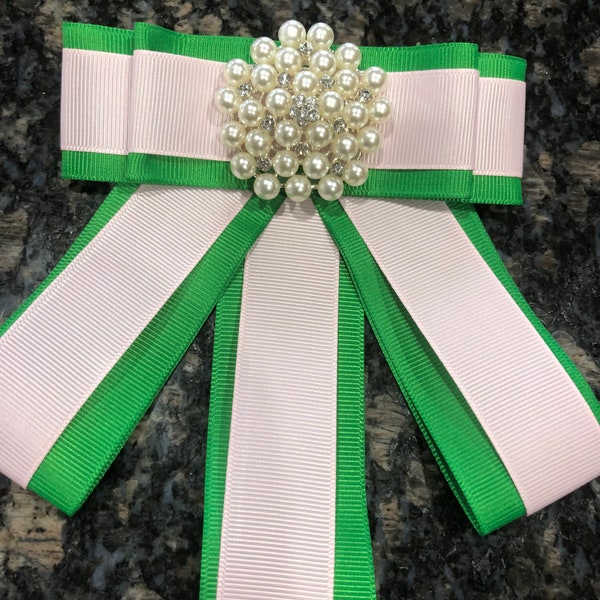 Pink and Green Bejeweled Pearl Bow Tie/Brooch