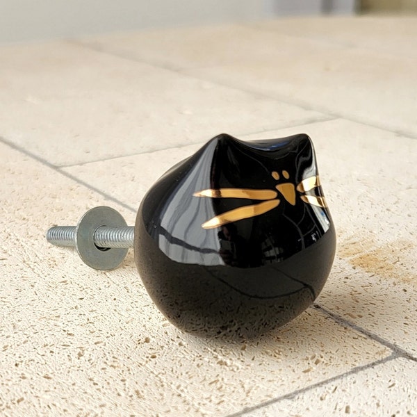 Ceramic Handle Knob, Black Kitten, Gold Luster, Türknauf Knob for children's furniture, knopf, knob, schrankknöpfe kinder, knauf,