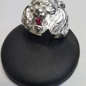 Può includere: Un anello d'argento con un designo dettagliato di testa di leone. La bocca del leone è aperta e ha una pietra preziosa rossa al centro.