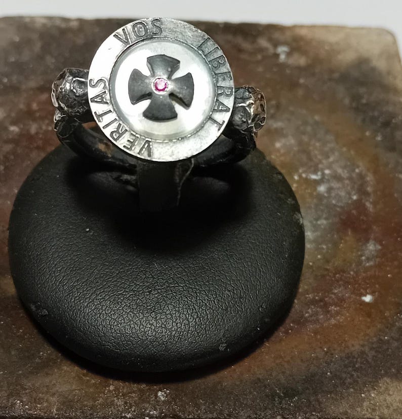 medieval templar ring with mother of pearl cross and cubic zirconia in oxidized silver
