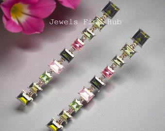 Natural Pave Diamond Handmade Earring Solid 925 Sterling Silver Natural Multi Tourmaline Gemstone Earring Square Cut Tourmaline jewelry