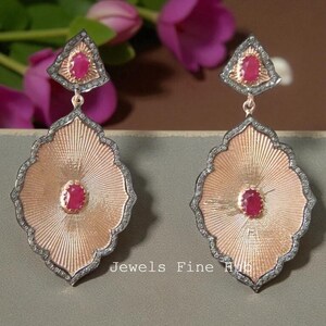 Pendiente colgante de piedra preciosa de rubí rosa natural, pendiente colgante de plata de ley 925 maciza, diamante pavé natural, regalo de cumpleaños para ella, joyería fina