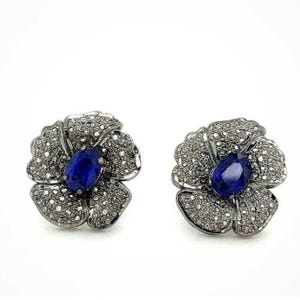 Pendiente de botón con flor de diamante pavé natural hecho a mano, pendiente de plata esterlina sólida 925, piedra preciosa de cianita azul natural, regalo de boda, joyería para ella