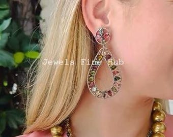 Natural Multi Tourmaline Gemstone, 925 Sterling Silver, Pave Diamond Jewelry Set