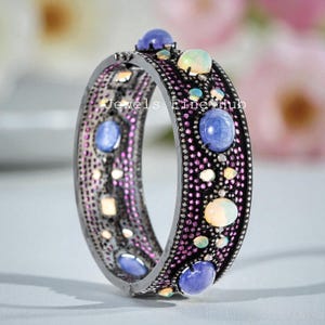 Natural Ethiopian Opal gemstone Bangle Natural pave Diamond 925 Sterling Silver Cabochon Tanzanite Gemstone Bangle Natural Ruby Gemstone